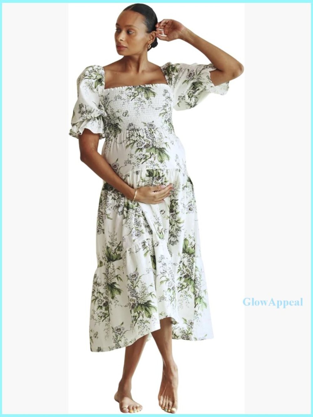 Maternity Maxi Dress Cotton Linen Floral Smocked Bodice Puff Sleeves